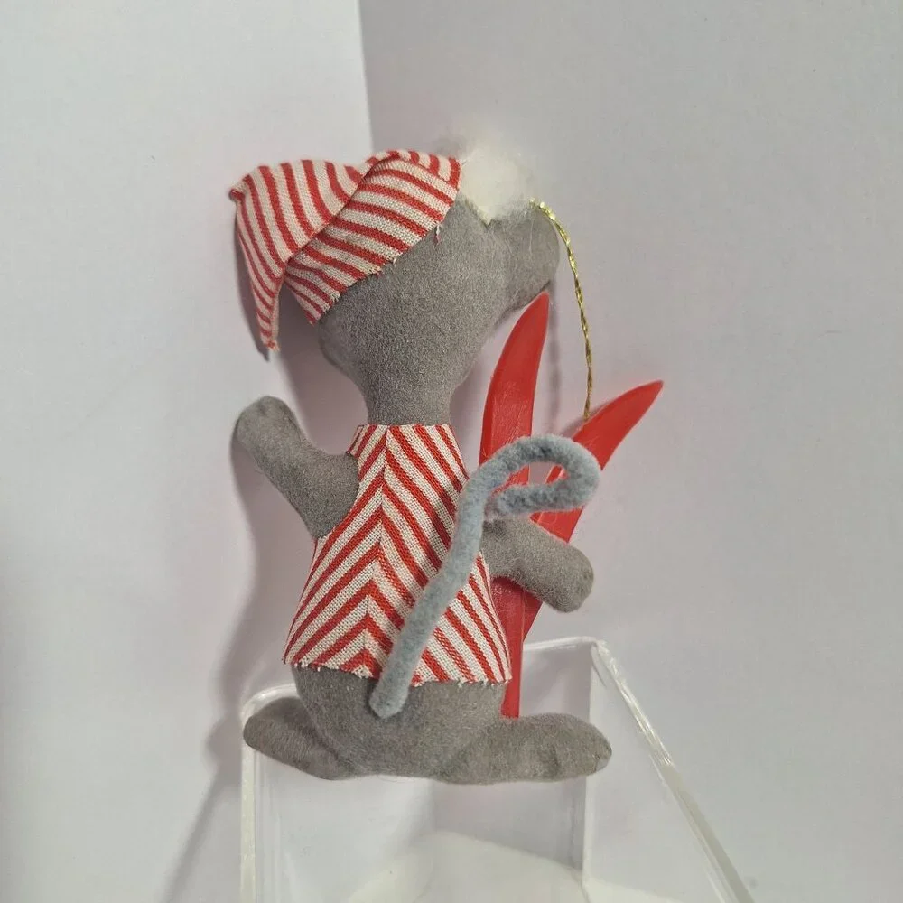 3 Vtg Flocked Mouse Mice Lot 4" Christmas Ornaments White Gray Nurse Adorable! - Picture 8 of 11